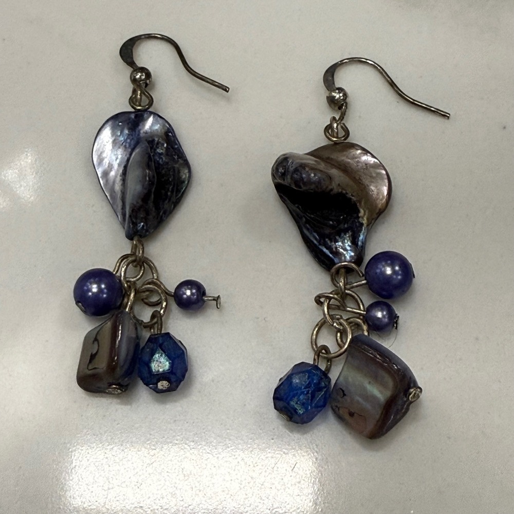 Dangle Earrings Silver Tone Blue Beads Faux Stone Shell‎ Fashion Jewelry